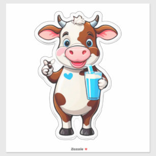 Happy Cartoon Cow With Milkshake Cup For Kids Sticker