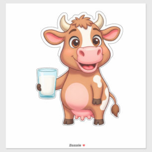 Happy Cartoon Cow With Milkshake Cup For Kids Sticker