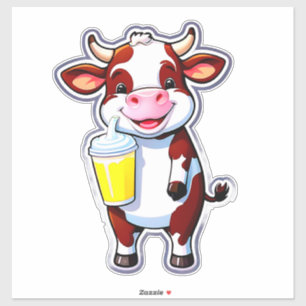 Happy Cartoon Cow With Milkshake Cup For Kids Sticker