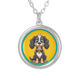 Happy Cartoon Dog in a Colorful Circular Frame Silver Plated Necklace