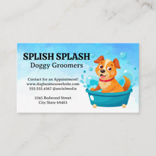 Happy Cartoon Dog in Bath Bubbles Groomers Business Card