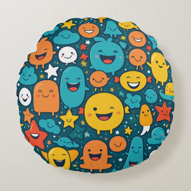 Happy Cartoon Faces Pattern  Round Pillow (Front)
