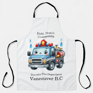 Happy cartoon fire truck ready to roll apron