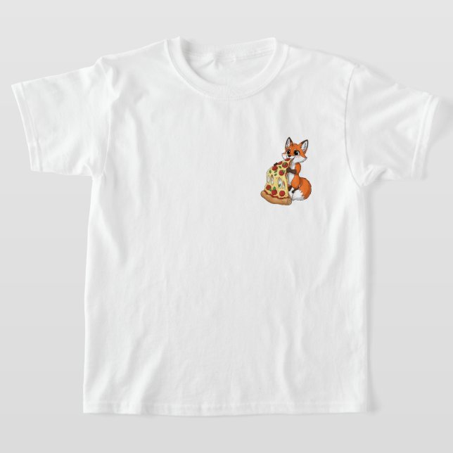 Happy Cartoon Fox Eating Giant Cheesy Pizza T-Shirt (Laydown)