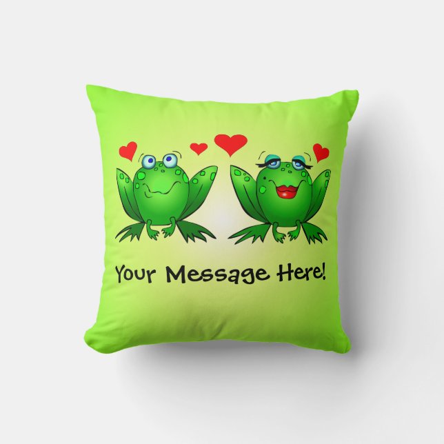 Happy Cartoon Frogs Love Hearts Green Throw Pillow (Front)