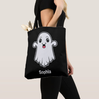 Happy Cartoon Ghost With A Custom Name Black Tote Bag