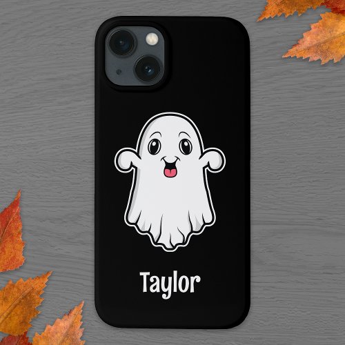 Happy Cartoon Ghost With Personalizable Name Black iPhone 13 Case