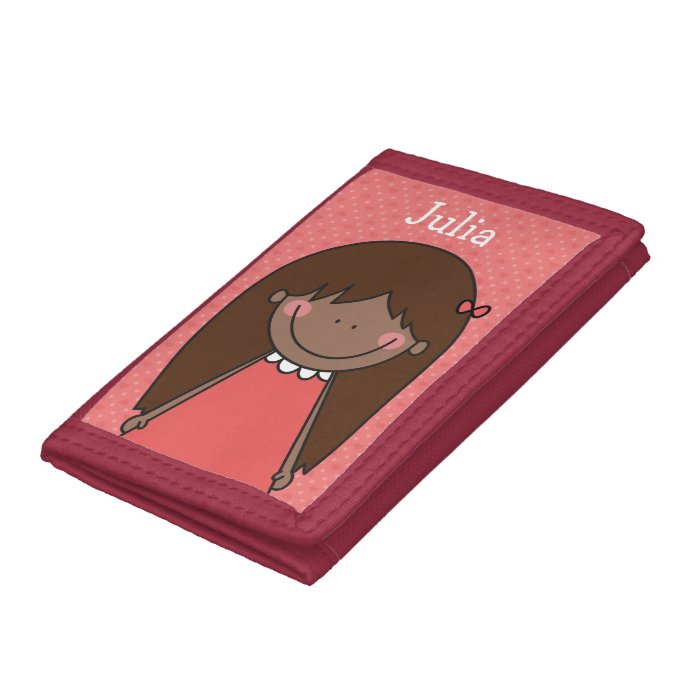 happy cartoon girl (long hair), red background trifold wallet