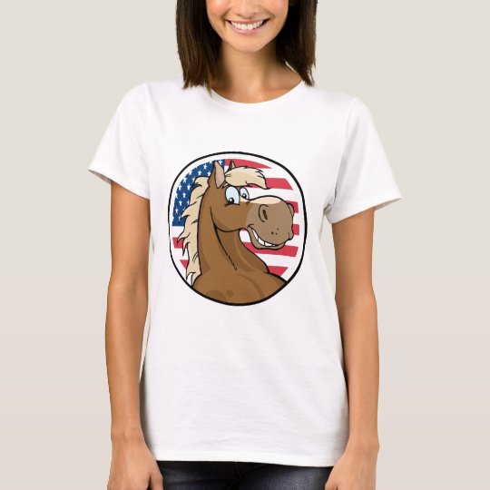 Happy Cartoon Horse In Front Of Flag Of USA T-Shirt