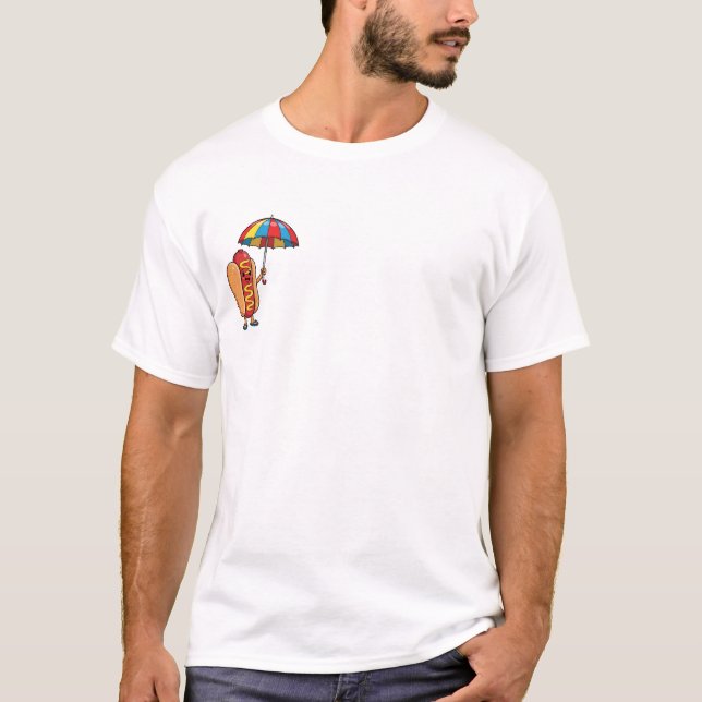 Happy Cartoon Hotdog Character Holding Umberella T-Shirt (Front)
