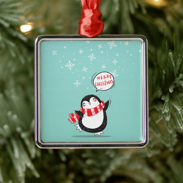 Happy Cartoon Penguin Metal Ornament (Tree)