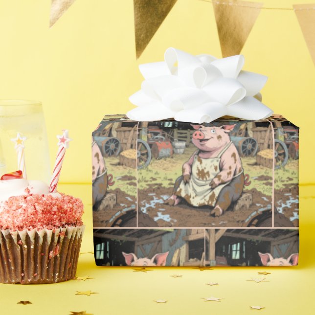 Happy Cartoon Pig In a Farm Barn Wrapping Paper (Birthday Party)