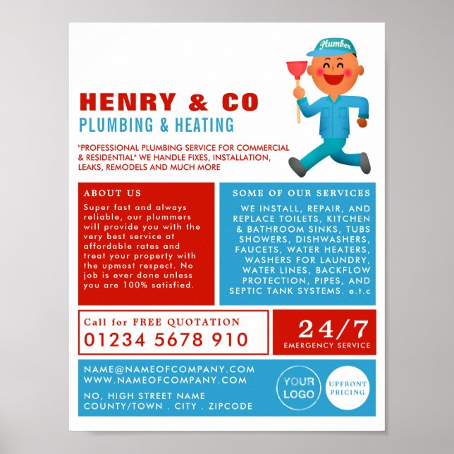 Happy Cartoon Plumber, Plumber, Plumbing Advert Poster (Front)