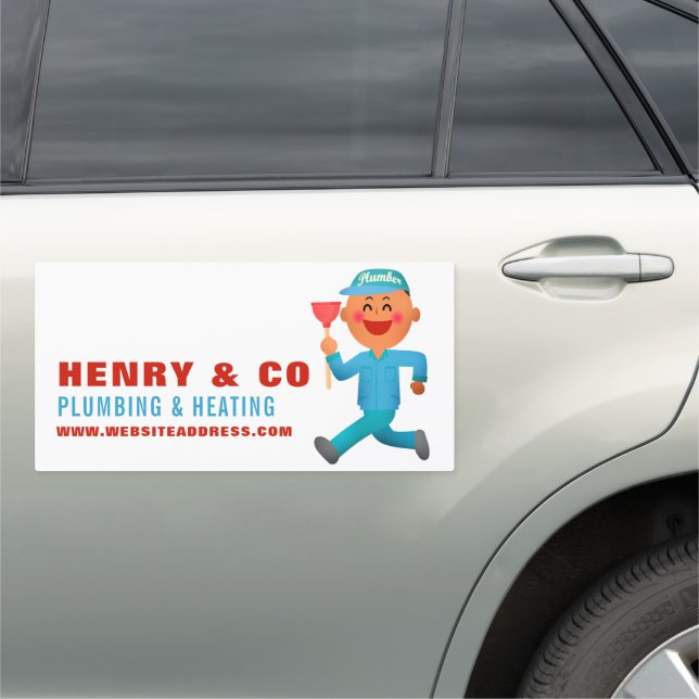 Happy Cartoon Plumber, Plumber, Plumbing Car Magnet (In Situ)