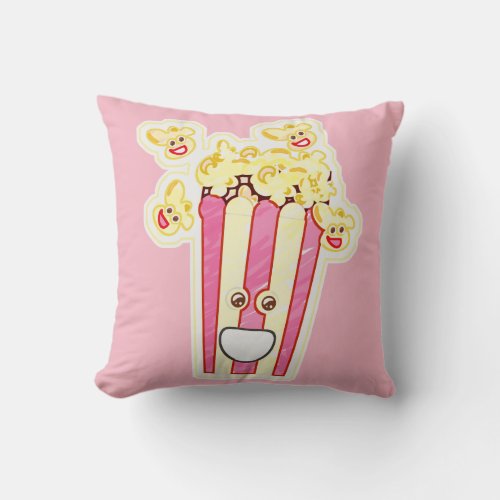 Happy Cartoon Popcorn Character Throw Pillow