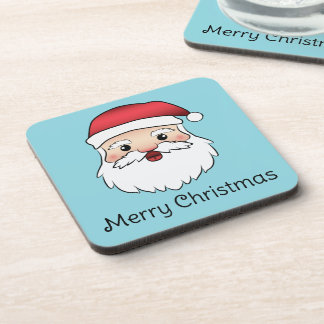 Happy Cartoon Santa Claus Head On Blue And Text Beverage Coaster