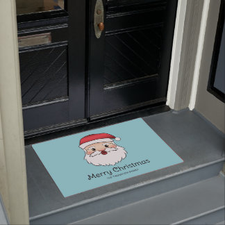 Happy Cartoon Santa Claus Head On Blue And Text Doormat