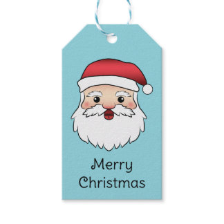 Happy Cartoon Santa Claus Head On Blue And Text Gift Tags