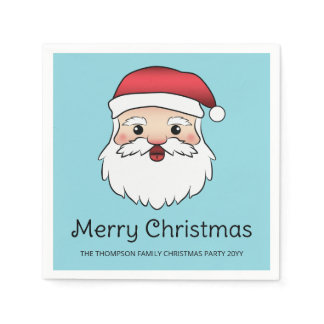 Happy Cartoon Santa Claus Head On Blue And Text Napkins