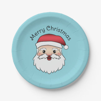 Happy Cartoon Santa Claus Head On Blue And Text Paper Plates