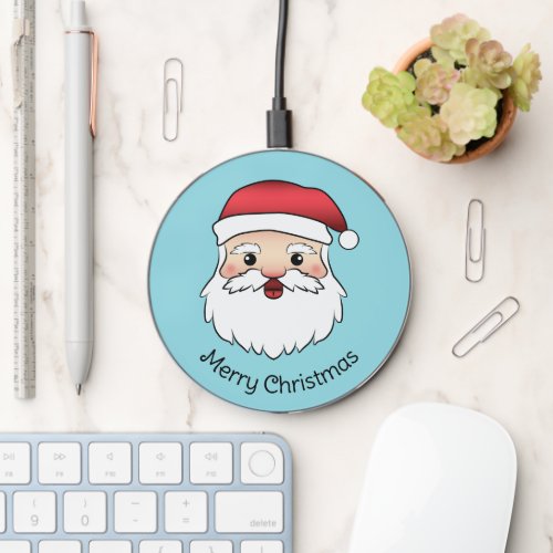 Happy Cartoon Santa Claus Head On Blue And Text Wireless Charger