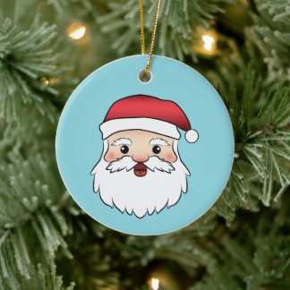 Happy Cartoon Santa Claus Head On Blue Ceramic Ornament