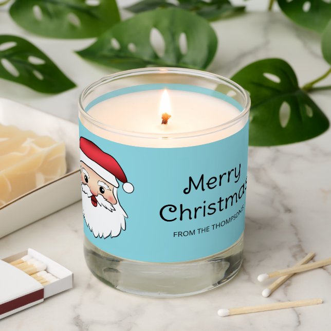 Happy Cartoon Santa Claus Head On Blue Scented Candle (Lit)