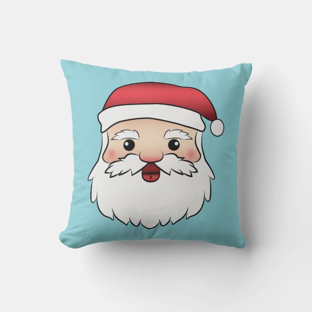 Happy Cartoon Santa Claus Head On Blue Throw Pillow (Front)