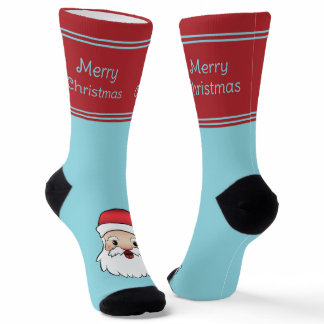 Happy Cartoon Santa Claus Head With Custom Text Socks