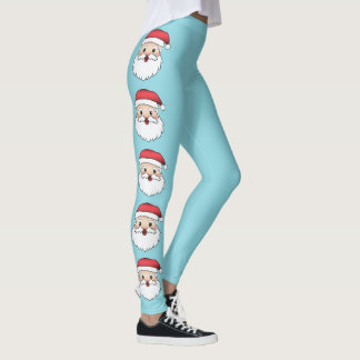 Happy Cartoon Santa Claus Heads On Blue Leggings