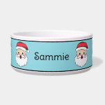 Happy Cartoon Santa Claus Heads With Custom Name Bowl<br><div class="desc">Destei's original cartoon illustration of a happy Santa Claus head. The Santa is wearing a red and white hat, he has a fluffy white beard and his face expression is joyful. The background color is blue with black top and bottom borders. There is also a personalizable text area for the...</div>