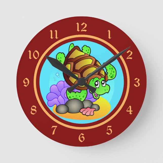 Happy Cartoon Sea Turtle with Bright Red and Gold Round Clock (Front)