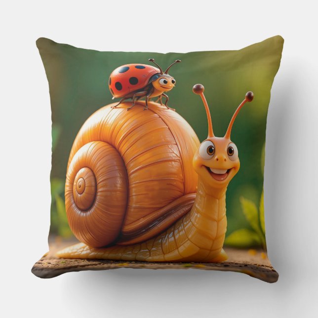 Happy Cartoon Snail Hosting Ladybug Throw Pillow (Front)