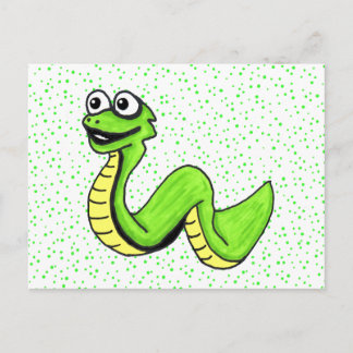 Happy Cartoon Snake Bright Green Yellow on Dots Postcard