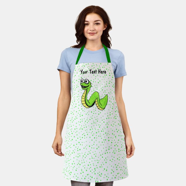 Happy Cartoon Snake Vibrant Green on Polka Dots Apron (Worn)