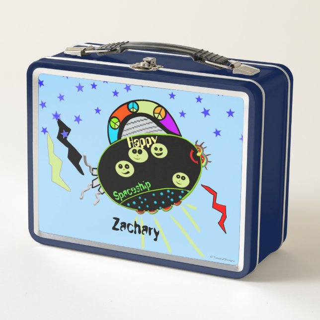Happy Cartoon Spaceship Peace Signs Smile Faces Metal Lunch Box (Front)
