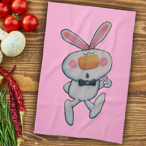 Happy Cartoon Thumbs Up Bunny Bow Tie Pink Kitchen Towel