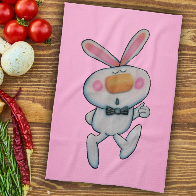 Happy Cartoon Thumbs Up Bunny Bow Tie Pink Kitchen Towel (white bunny rabbit thumbs up sign wearing bow tie on vibrant pink kitchen hand towel.)