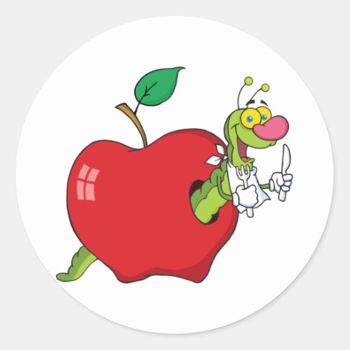 Happy Cartoon Worm In Apple Classic Round Sticker