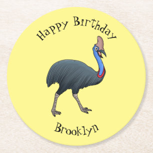 Happy cassowary bird cartoon illustration round paper coaster