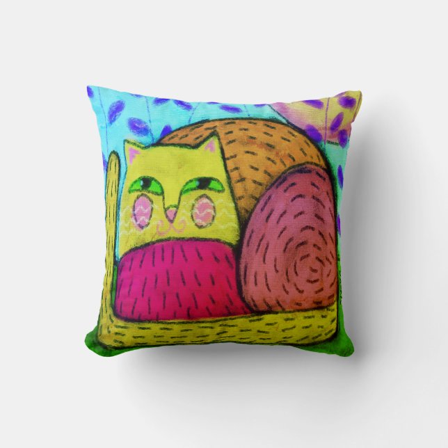 Happy Cat Abstract Painting Throw Pillow (Front)