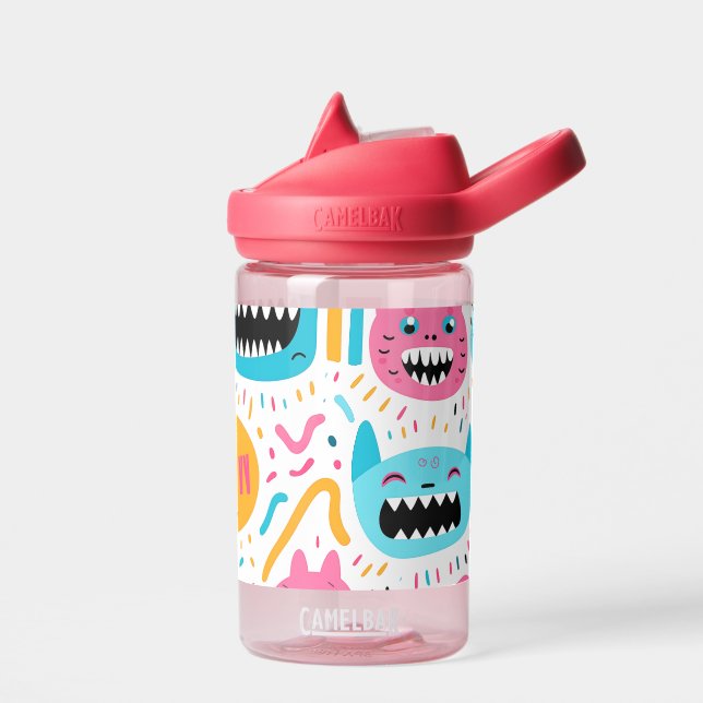 Happy cat and monster faces water bottle (Left)
