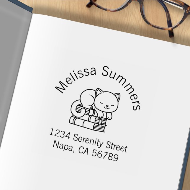 Happy Cat Book Stack Arch Address Bookplate Rubber Stamp (Creator Uploaded)