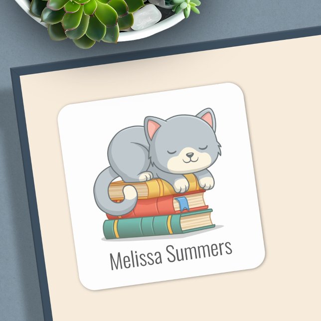 Happy Cat Book Stack Custom Name Bookplate (Creator Uploaded)