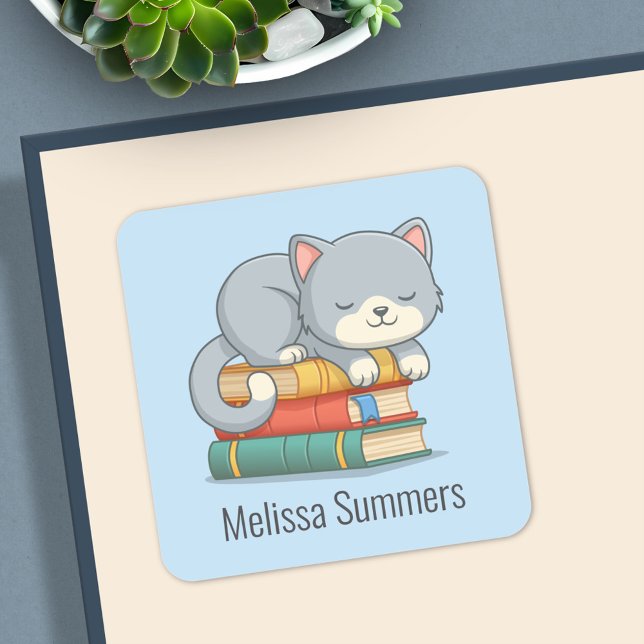 Happy Cat Book Stack Custom Name Bookplate Blue (Creator Uploaded)