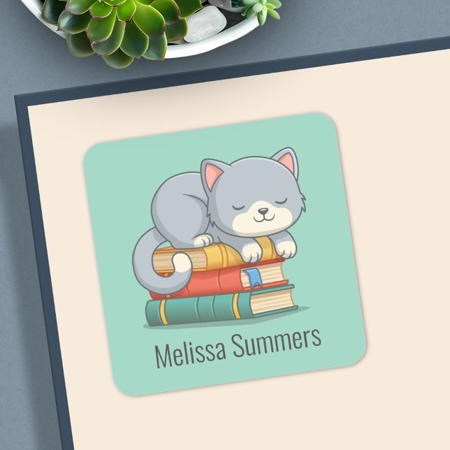 Happy Cat Book Stack Custom Name Bookplate Green (Creator Uploaded)