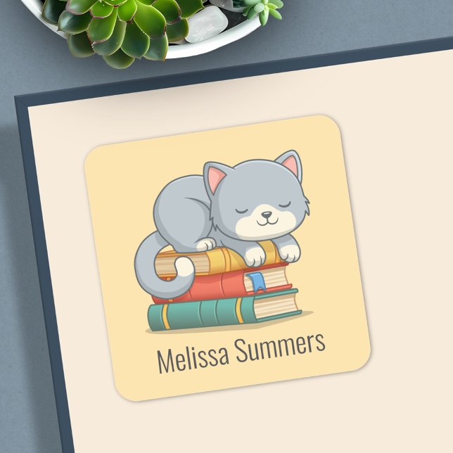 Happy Cat Book Stack Custom Name Bookplate Yellow (Creator Uploaded)