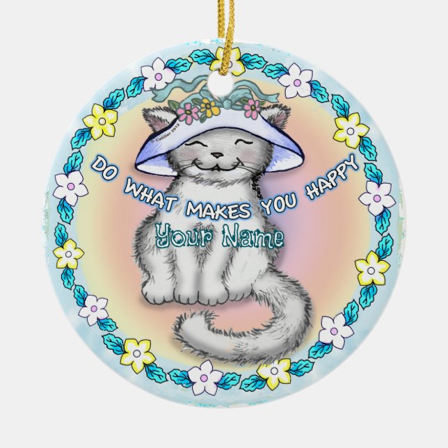 Happy Cat Ceramic Ornament (Front)