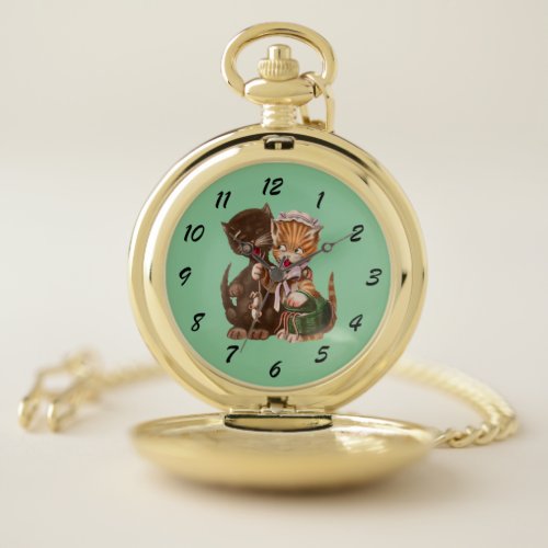 Happy Cat Couple Sharing Rats from Basket Green Pocket Watch