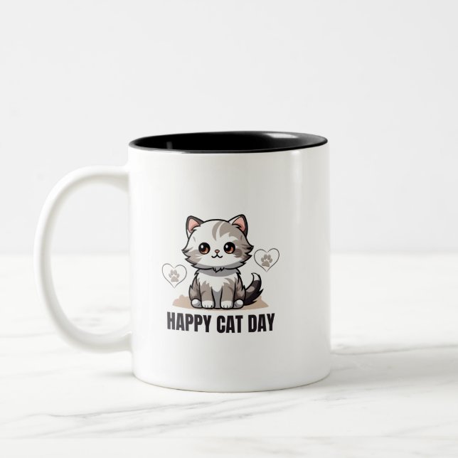 Happy Cat Day Mug - Cute Cat Design for Cat Lovers (Left)